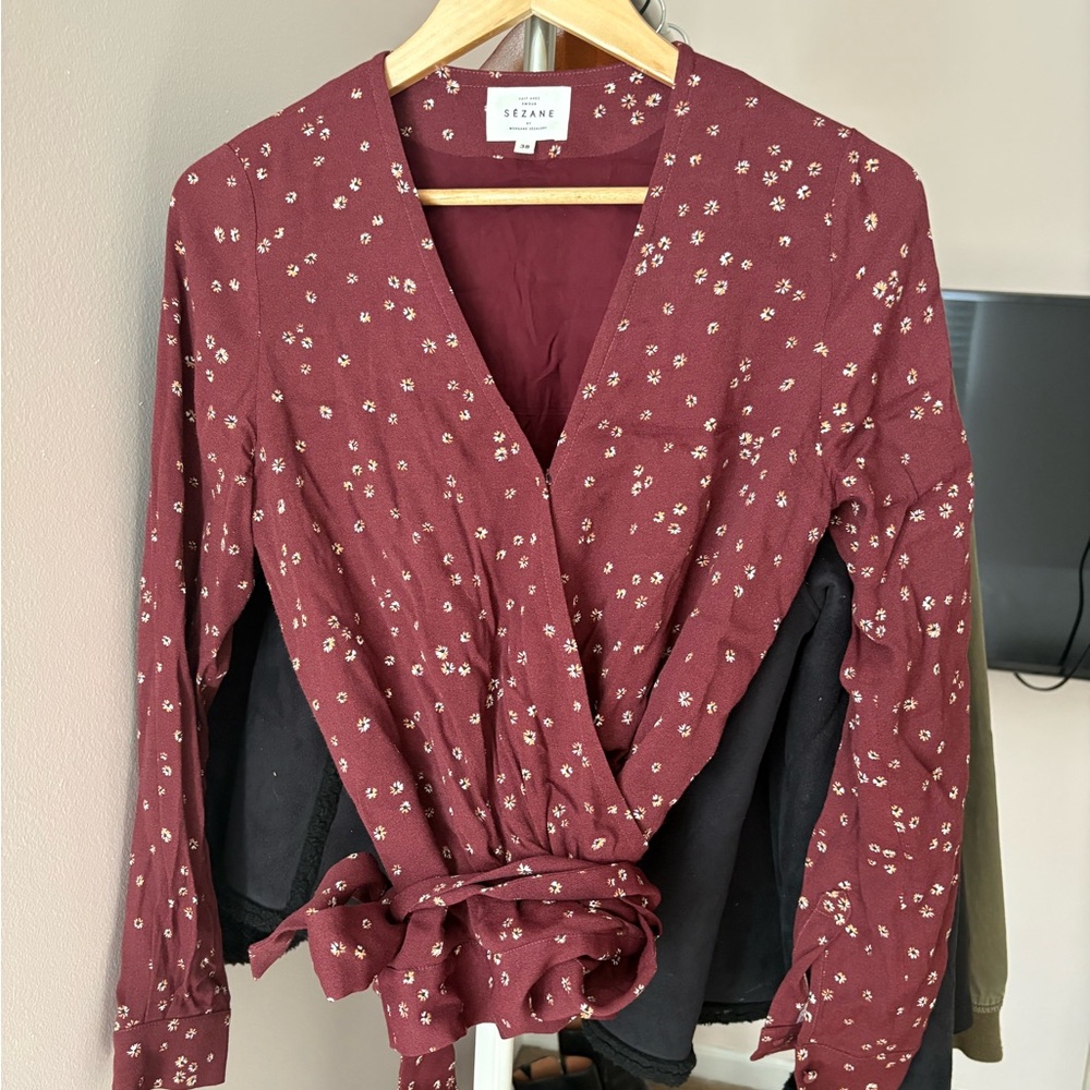 Sezane Maroon Floral Wrap Blouse